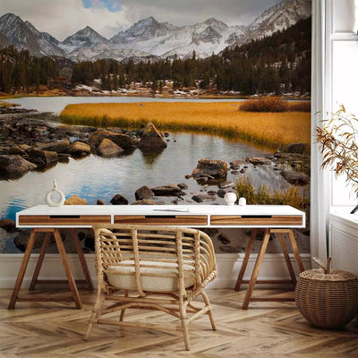 Wall Murals for living room with forest stream and mountains, 60597, brown, blue G-ART