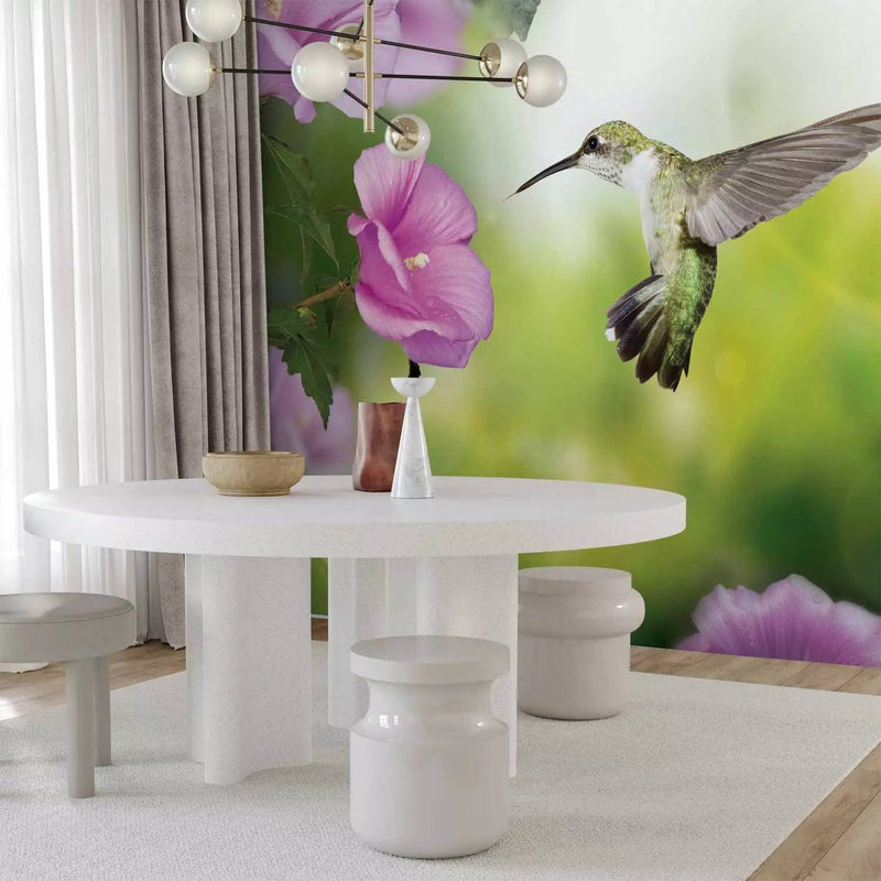 Wall Murals Hummingbird in flight with a pink flower on a green background, 60097 G-ART