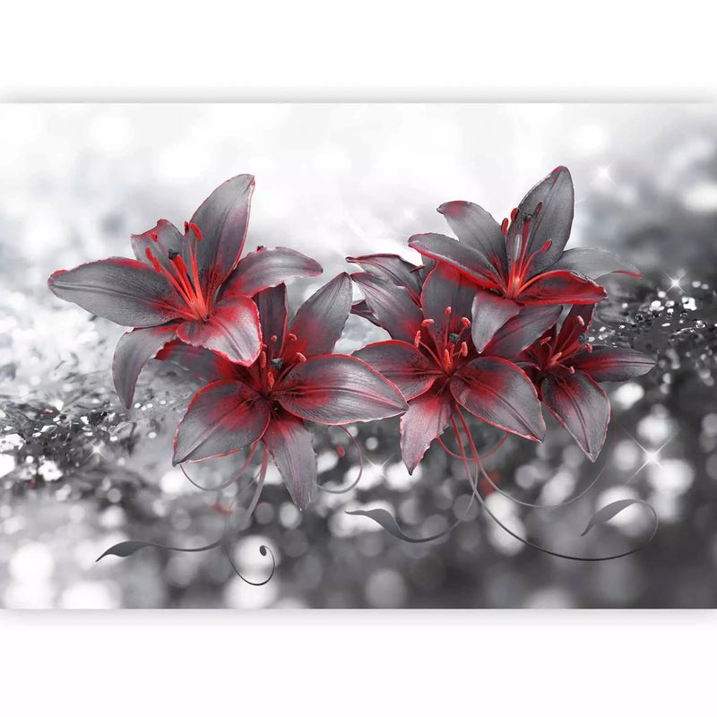 Wall Murals with red lilies and black and white ornaments. G-ART