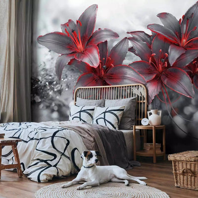 Wall Murals with red lilies and black and white ornaments. G-ART