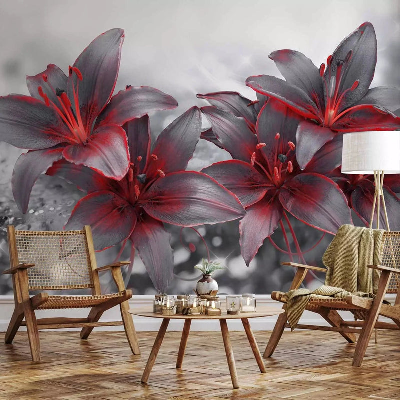 Wall Murals with red lilies and black and white ornaments. G-ART