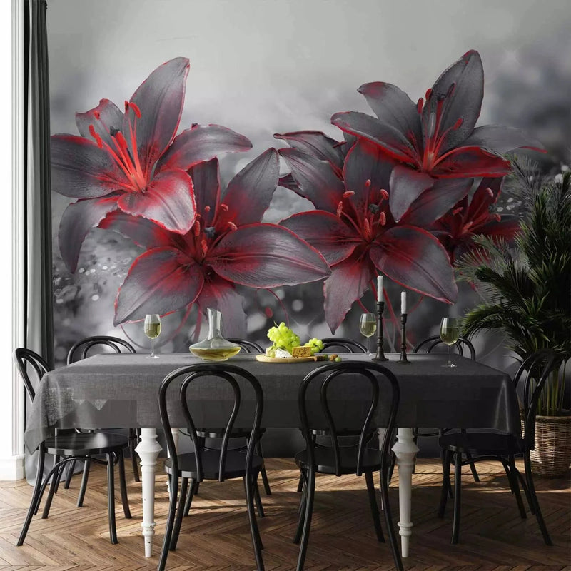 Wall Murals with red lilies and black and white ornaments. G-ART