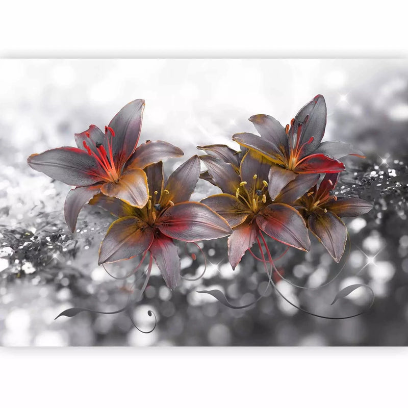 Wall Murals - Black and white lilies with orange accent on grey background G-ART