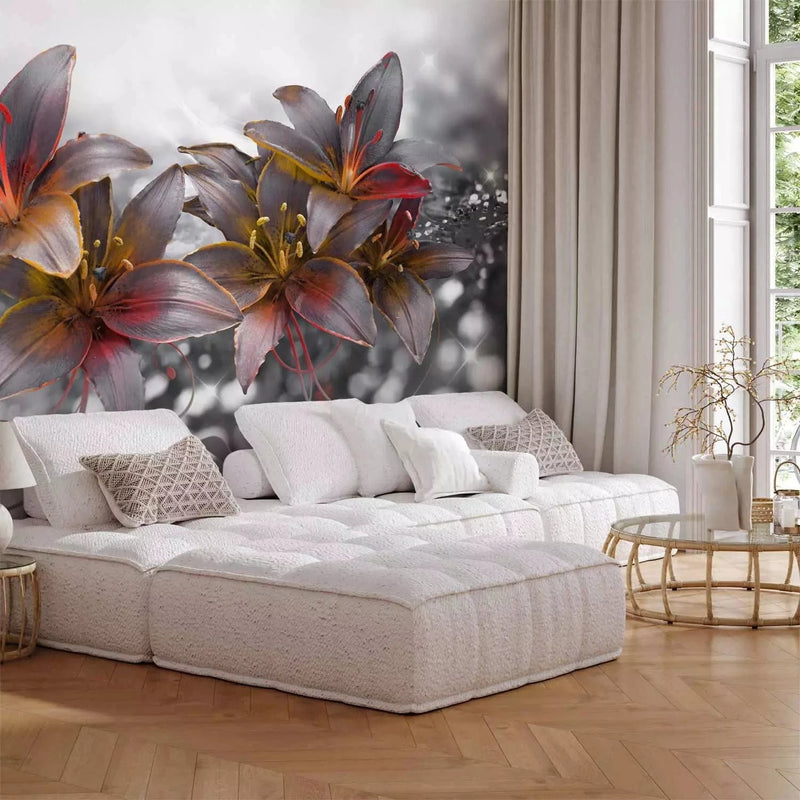 Wall Murals - Black and white lilies with orange accent on grey background G-ART