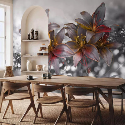 Wall Murals - Black and white lilies with orange accent on grey background G-ART