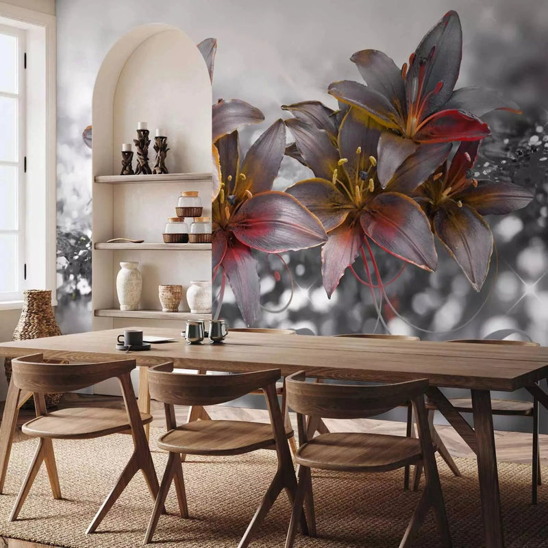 Wall Murals - Black and white lilies with orange accent on grey background G-ART