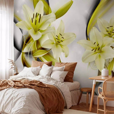 Wall Murals for the living room with elegant lilies in yellow and green G-ART