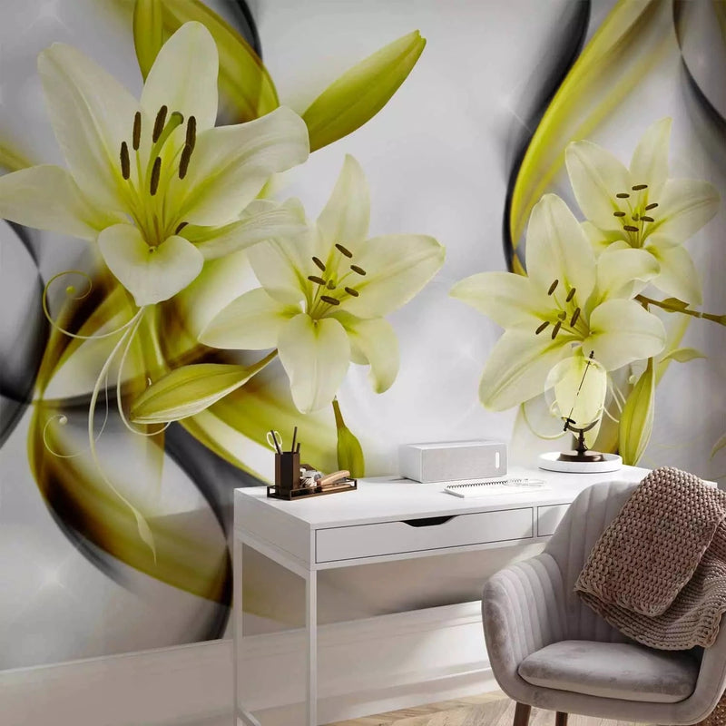 Wall Murals for the living room with elegant lilies in yellow and green G-ART