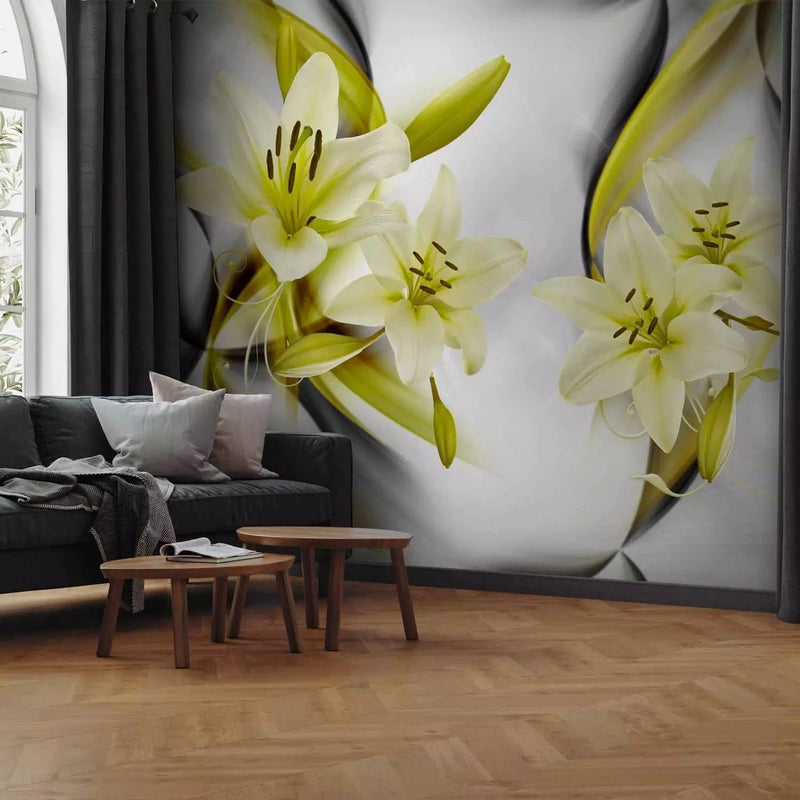 Wall Murals for the living room with elegant lilies in yellow and green G-ART