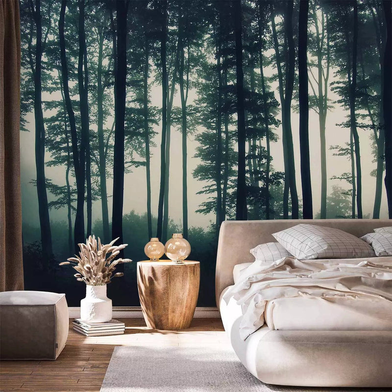 Wall Murals with a beautiful misty forest in dark green tones, 94799 G-ART