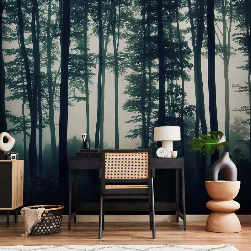 Wall Murals with a beautiful misty forest in dark green tones, 94799 G-ART