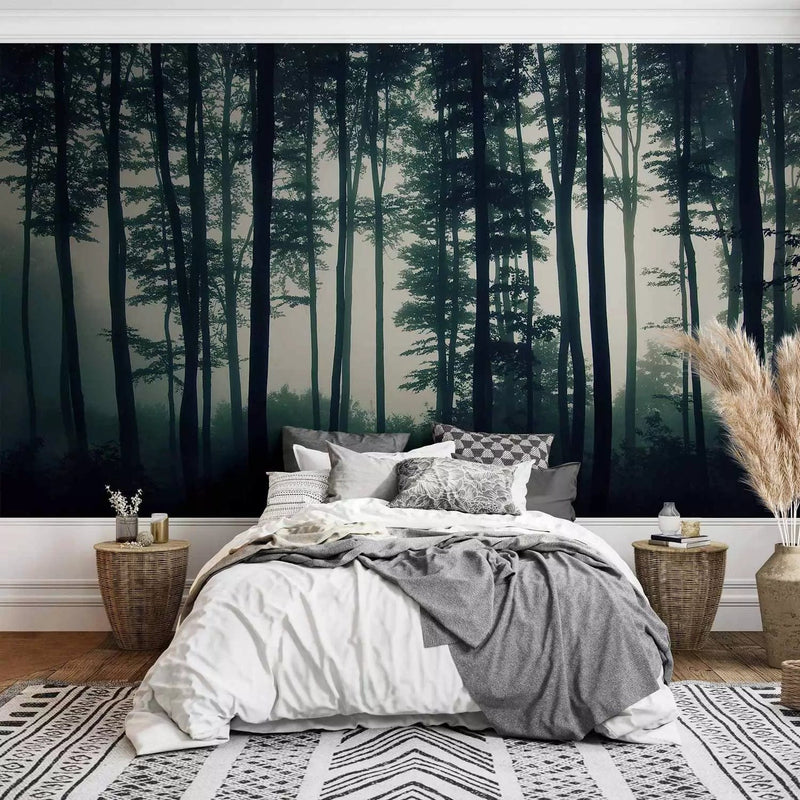 Wall Murals with a beautiful misty forest in dark green tones, 94799 G-ART