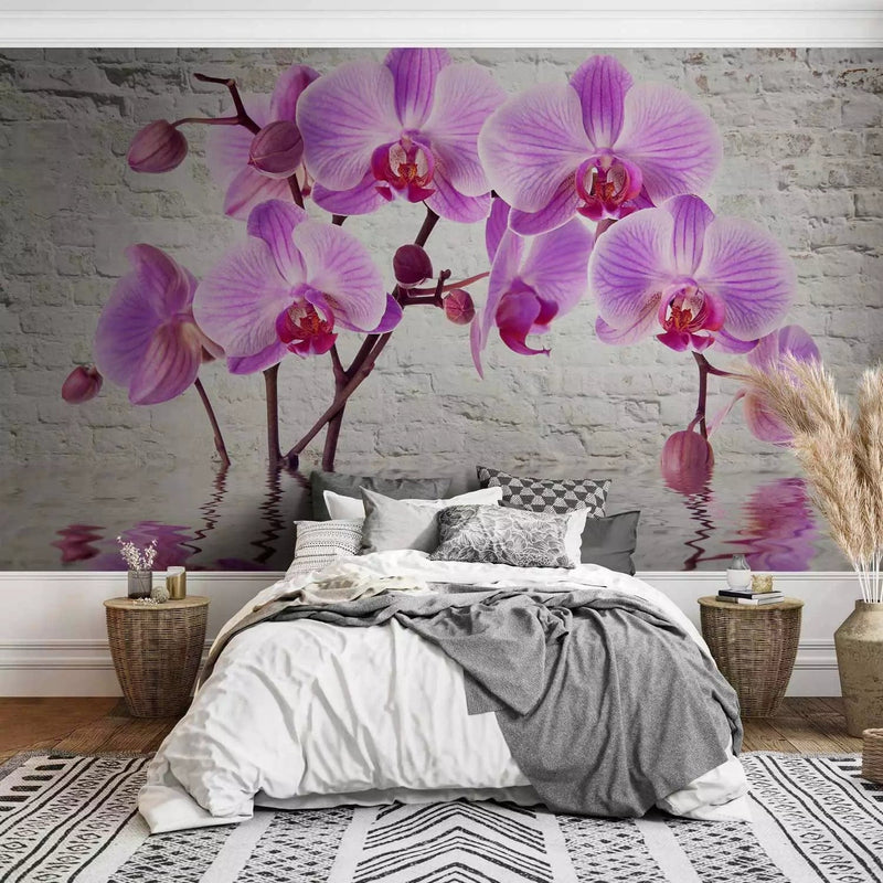 Wall Murals - purple orchids on a gray brick wall background, 62019G-ART