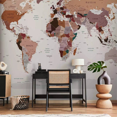 Wall Murals with world map in neutral colors in English, buy G-ART