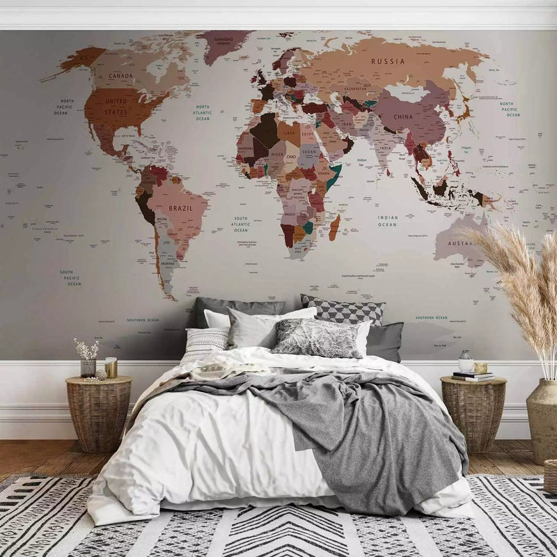 Wall Murals with world map in neutral colors in English, buy G-ART