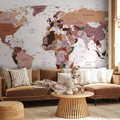 Wall Murals with world map in neutral colors in English, buy G-ART