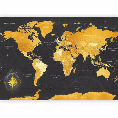 Wall Murals with a world map in gold color on a black background - 95022 G-ART