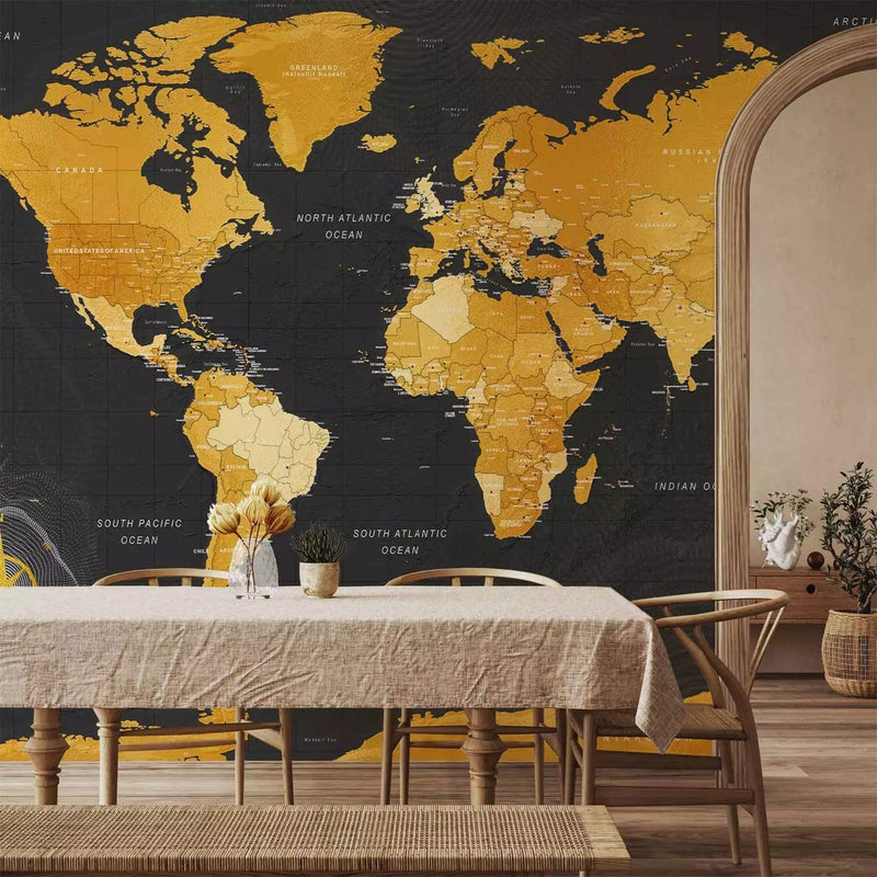 Wall Murals with a world map in gold color on a black background - 95022 G-ART