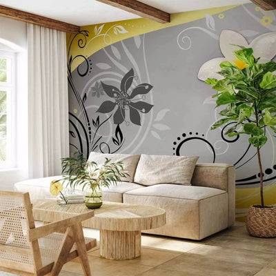 Wall Murals with stylized yellow flowers on a gray background - 60729G-ART