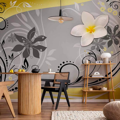 Wall Murals with stylized yellow flowers on a gray background - 60729G-ART