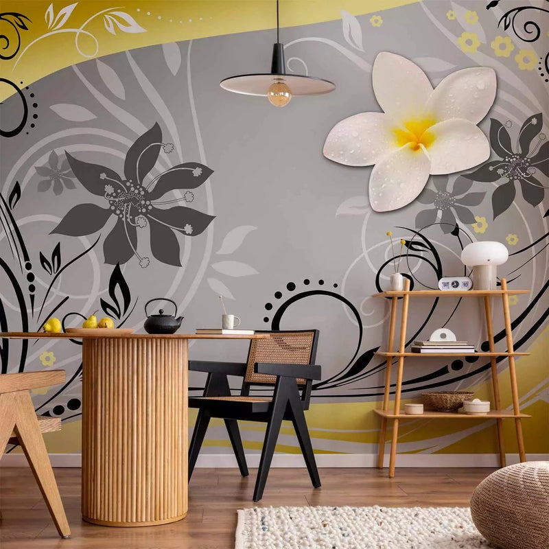 Wall Murals with stylized yellow flowers on a gray background - 60729G-ART