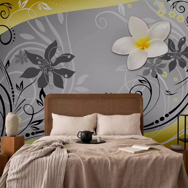 Wall Murals with stylized yellow flowers on a gray background - 60729G-ART