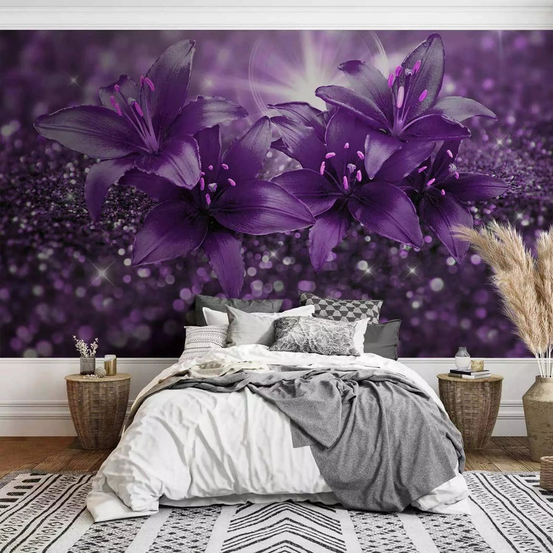 Wall Murals with lily and precious stones in lavender shades - buy at G-ART