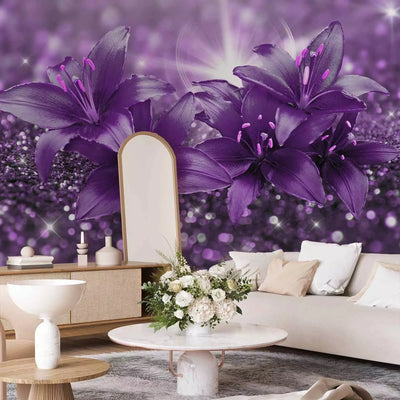 Wall Murals with lily and precious stones in lavender shades - buy at G-ART