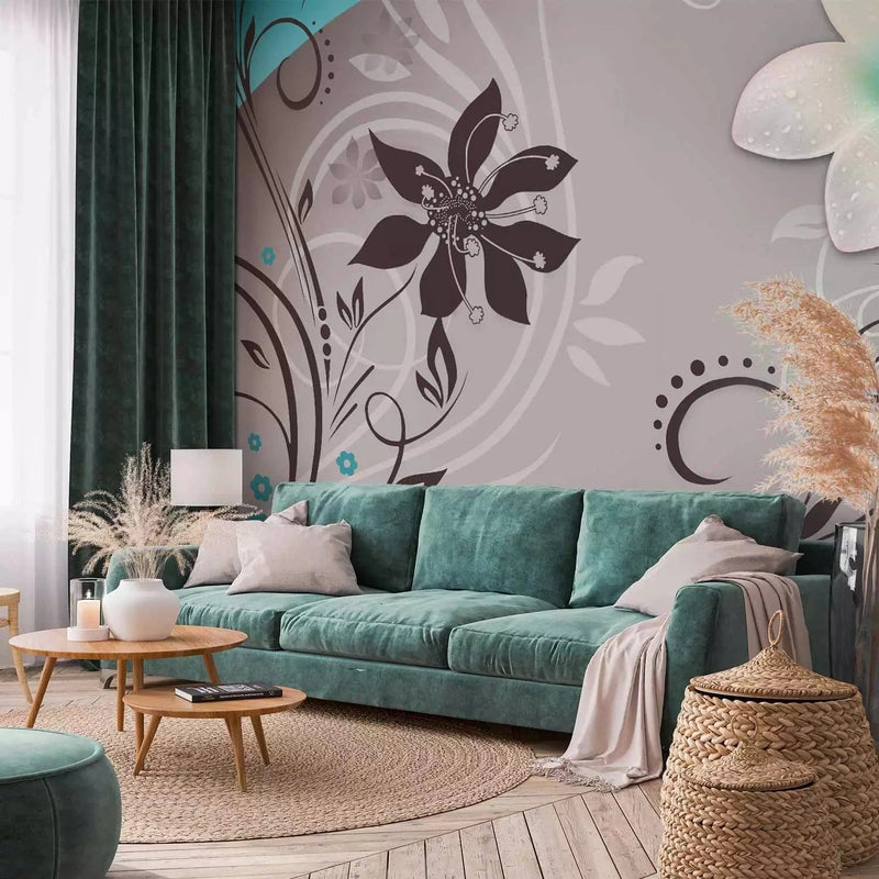 Wall Murals with flowers in turquoise color - Morning Reflections, 60727G-ART