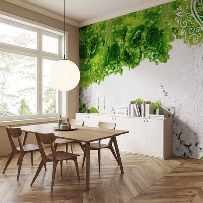 Wall Murals with floral patterns in green tones and butterflies, 60742 G-ART