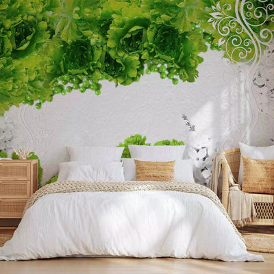 Wall Murals with floral patterns in green tones and butterflies, 60742 G-ART