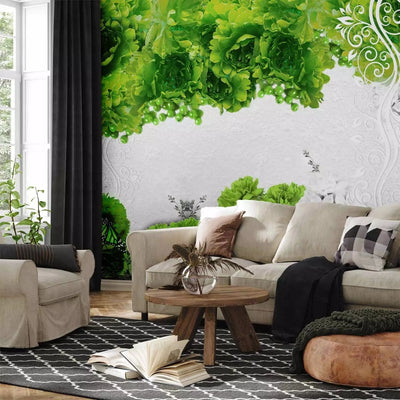 Wall Murals with floral patterns in green tones and butterflies, 60742 G-ART