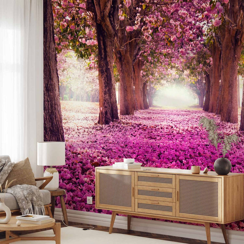 Wall Murals with an alley of flowers in purple tones - Pink road, 60422 G-ART