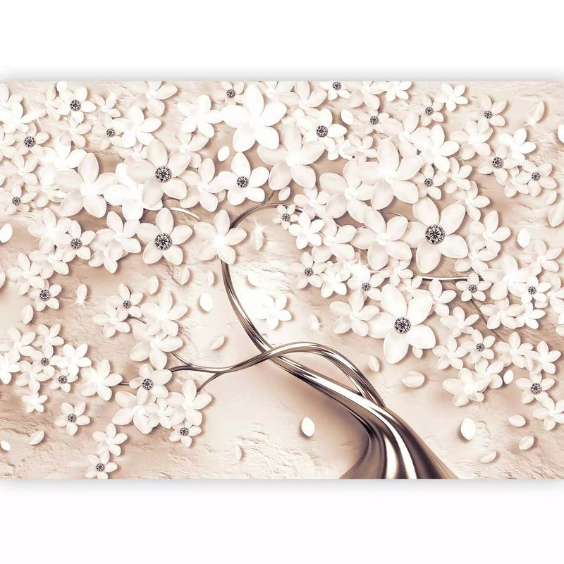 Wall Murals - flowers with pearls and diamonds on abstract wood, 136095 G-ART