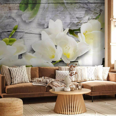 Wall Murals with white freesia on wood, 61853 - order online G -art