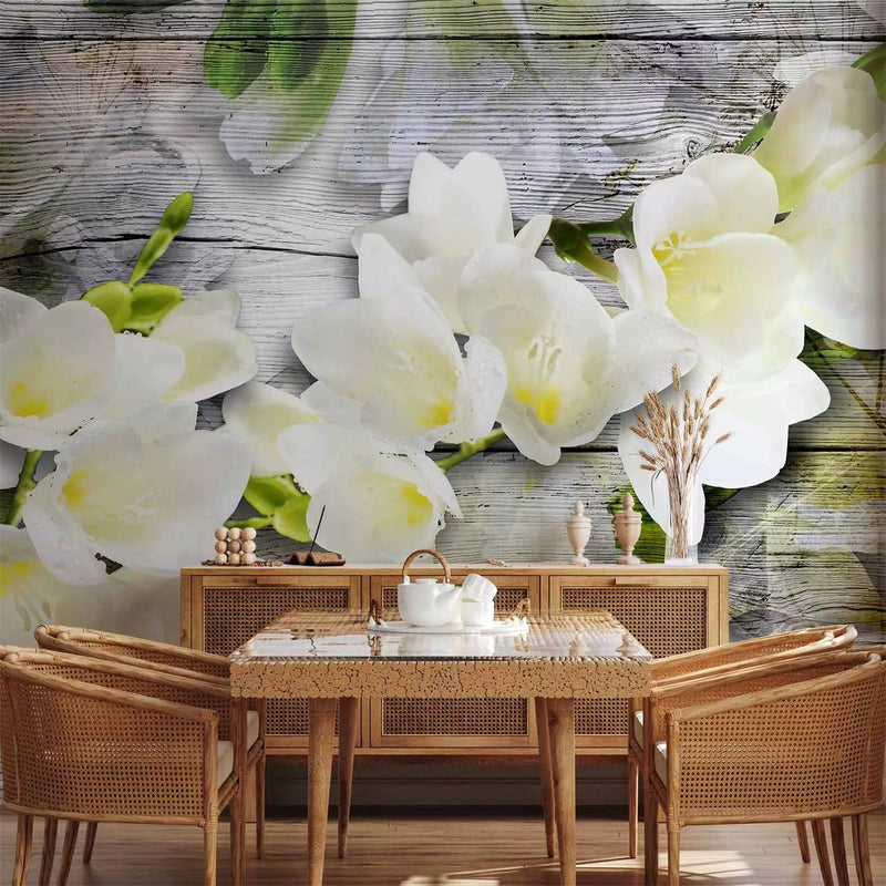 Wall Murals with white freesia on wood, 61853 - order online G -art