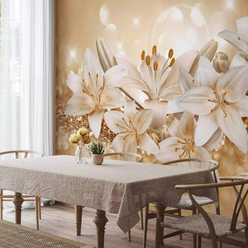 Wall Murals - white lilies on a shimmering gold background - Eco-friendly G-ART