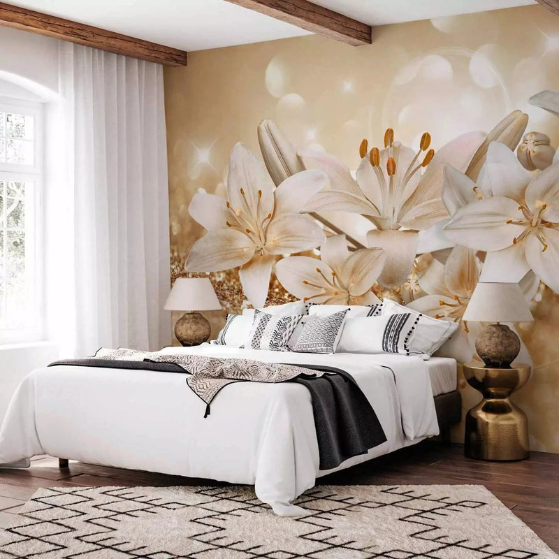 Wall Murals - white lilies on a shimmering gold background - Eco-friendly G-ART