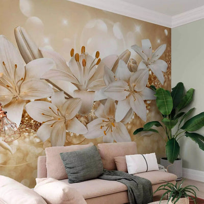 Wall Murals - white lilies on a shimmering gold background - Eco-friendly G-ART