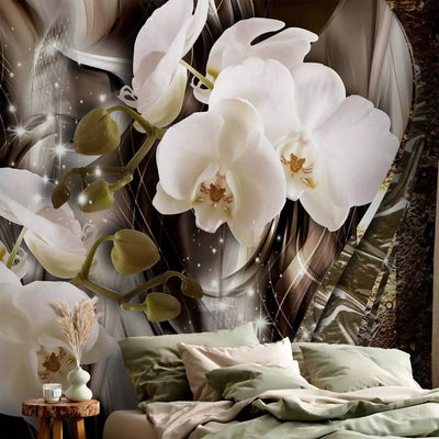 Wall Murals - White orchids with gold background and metallic structure G-ART