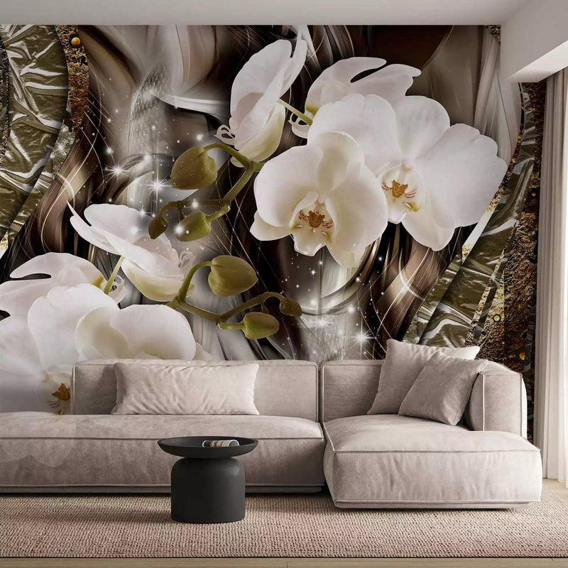 Wall Murals - White orchids with gold background and metallic structure G-ART