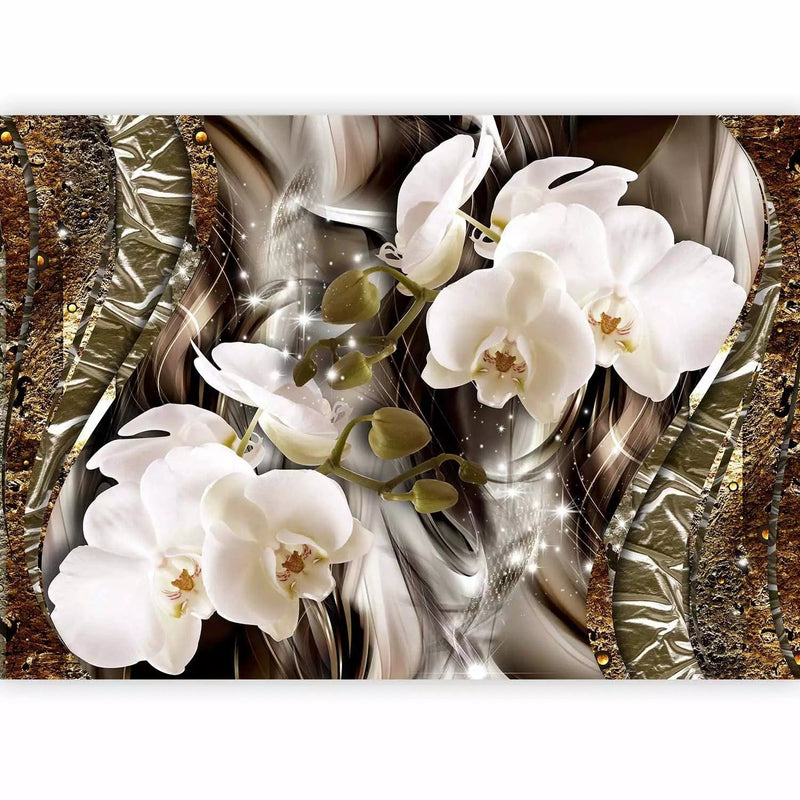 Wall Murals - White orchids with gold background and metallic structure G-ART