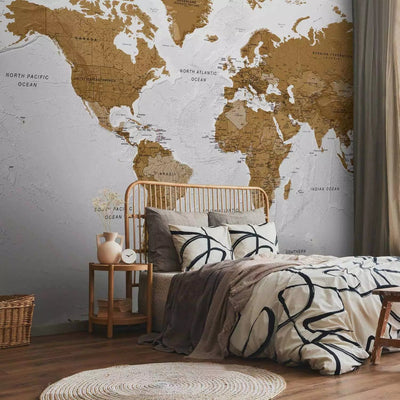 Wall Murals with modern world map in white and brown tones G-ART