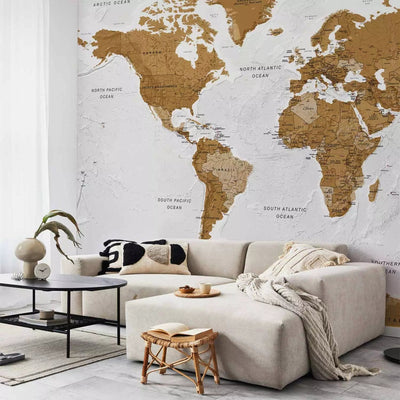 Wall Murals with modern world map in white and brown tones G-ART