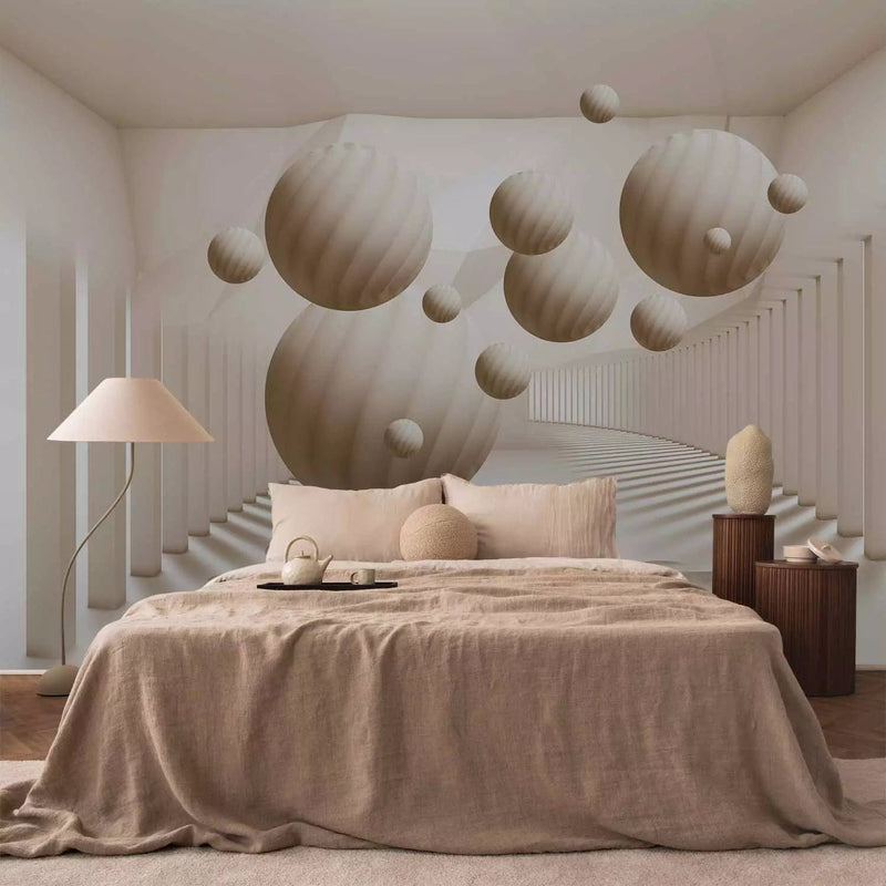 3D Wall Murals - Sand-colored spheres with a shadow in a bright room with G-ART columns