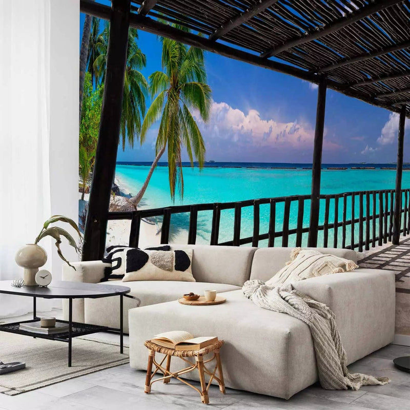 Wall Murals - exotic island landscape with turquoise sea and palm trees, 95038 G-ART