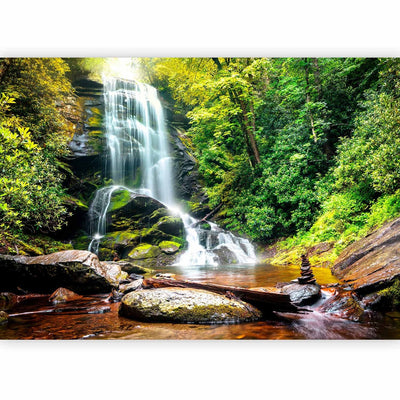 Фотообои - Чудо природы - пейзаж с водопадом, текущим по скалам в центре леса, 60061 г -арт