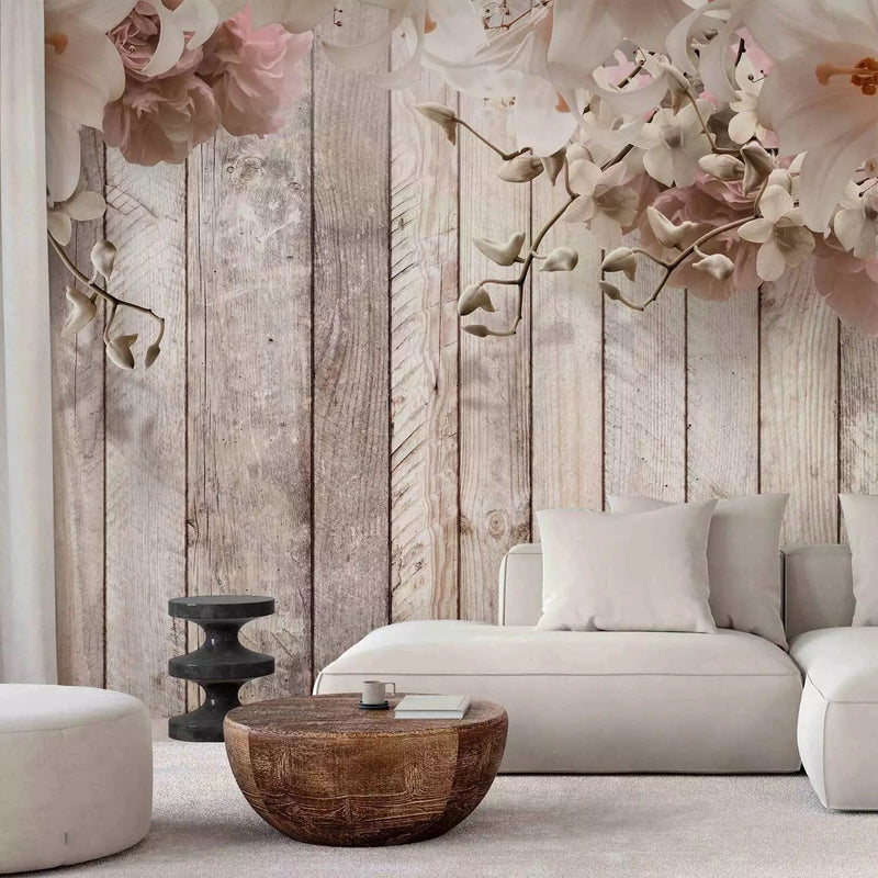 Wall Murals with flowers on a wooden background - natural beauty, 127809 G -art