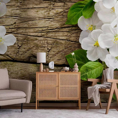 Wall Murals - Raw wood surrounded by white flowers with green leaves G-ART