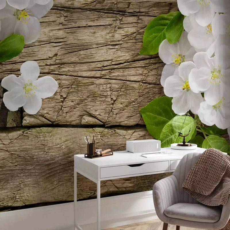 Wall Murals - Raw wood surrounded by white flowers with green leaves G-ART